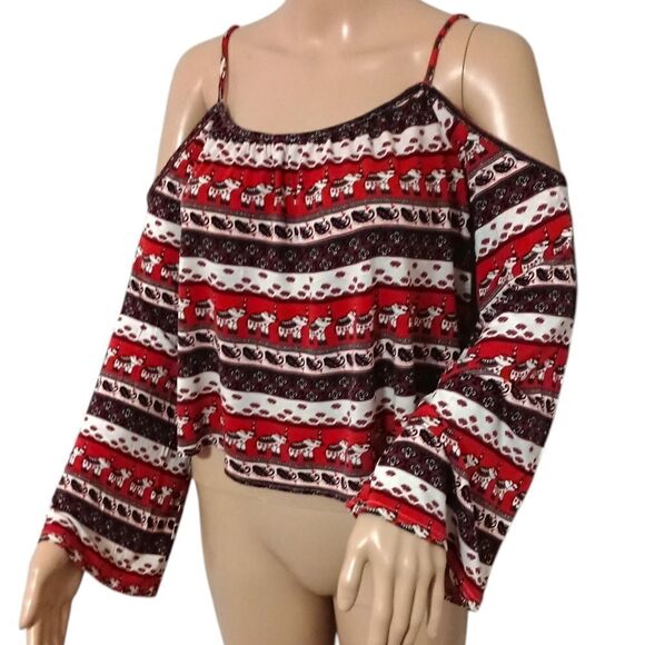 Y2K H&M Elephant Print Top XS Coachella Cold Shoulder Boho Peasant Bohemian Crop - Picture 6 of 12